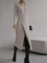 Tied Collared Neck Long Sleeve Sweater Dress Dust Storm One Size OutfitFlow